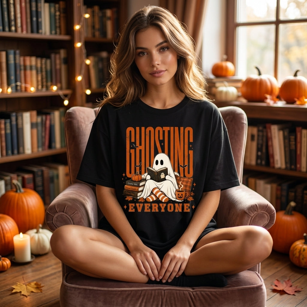 Ghosting Everyone Funny Halloween Reading Ghost T-shirt Sweatshirt Hoodie – Cozy Fall Gift - mockup 2