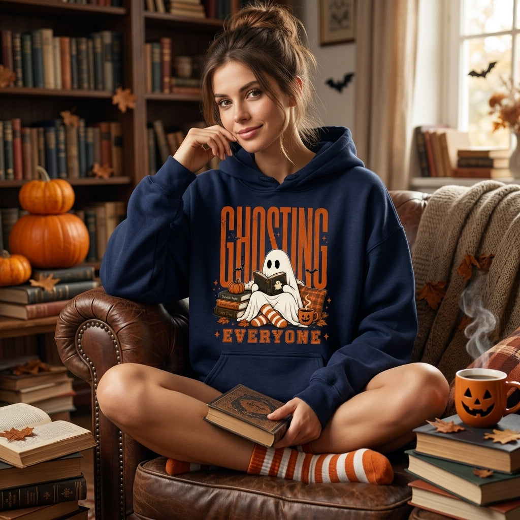 Ghosting Everyone Funny Halloween Reading Ghost T-shirt Sweatshirt Hoodie – Cozy Fall Gift - mockup 3