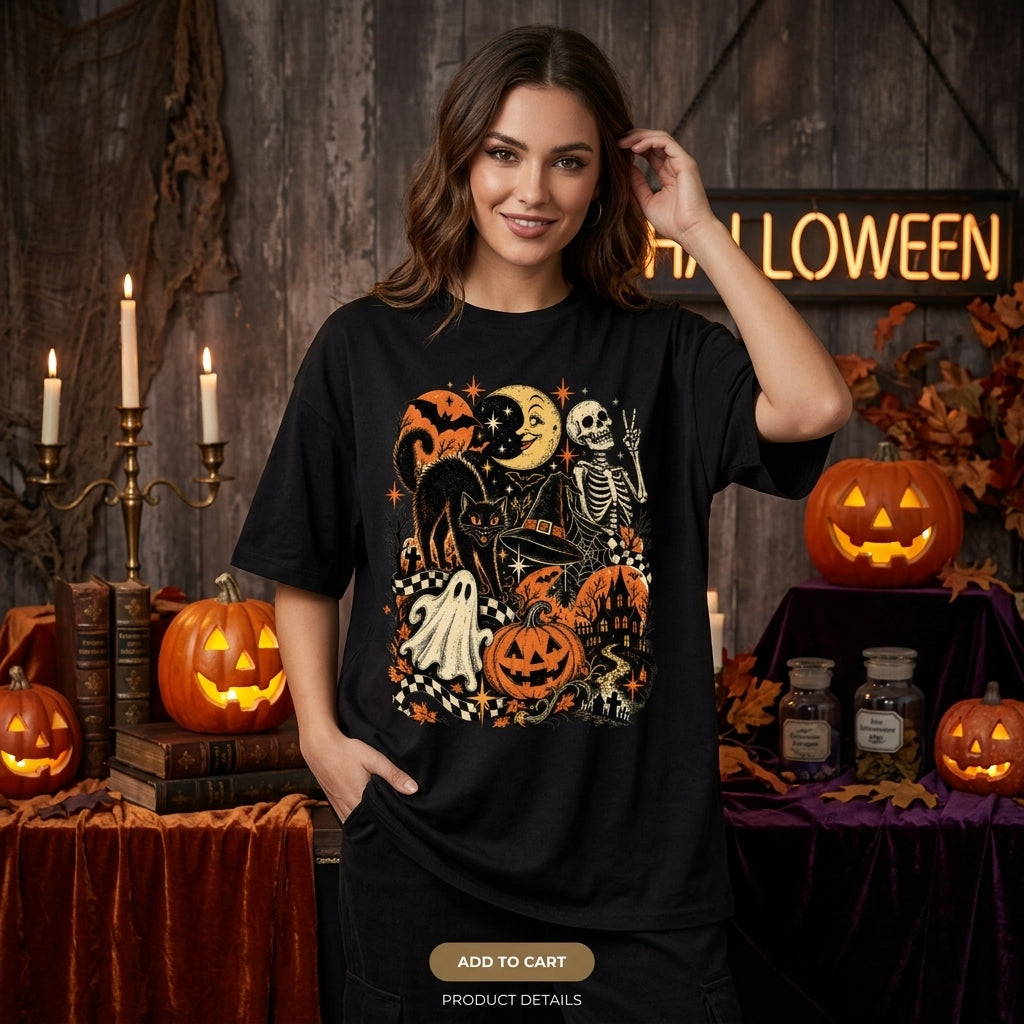 Retro Halloween Black Cat Ghost and Skeleton T-shirt Sweatshirt Hoodie – Vintage Spooky Graphic Tee - mockup 2