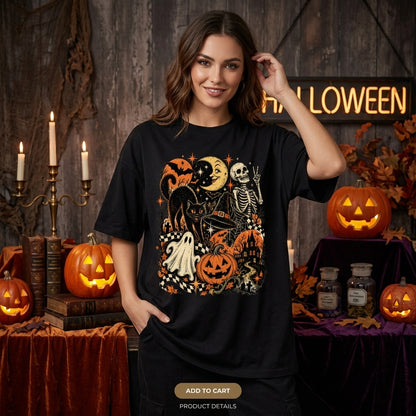 Retro Halloween Black Cat Ghost and Skeleton T-shirt Sweatshirt Hoodie – Vintage Spooky Graphic Tee - mockup 2