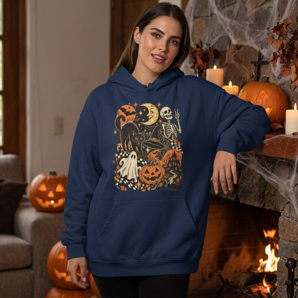 Retro Halloween Black Cat Ghost and Skeleton T-shirt Sweatshirt Hoodie – Vintage Spooky Graphic Tee - mockup 3