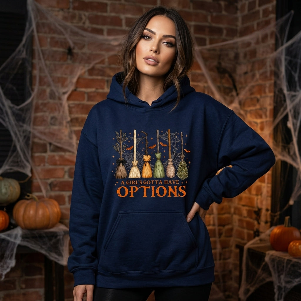 A Girl's Gotta Have Options Witch Broom T-shirt Sweatshirt Hoodie - Retro Halloween - mockup 3