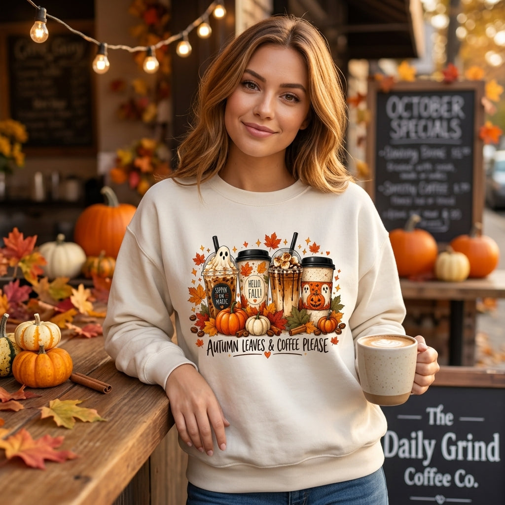 Ghost Coffee Cup Autumn Leaves & Coffee Please T-shirt Sweatshirt Hoodie – Fall Gift - mockup 1