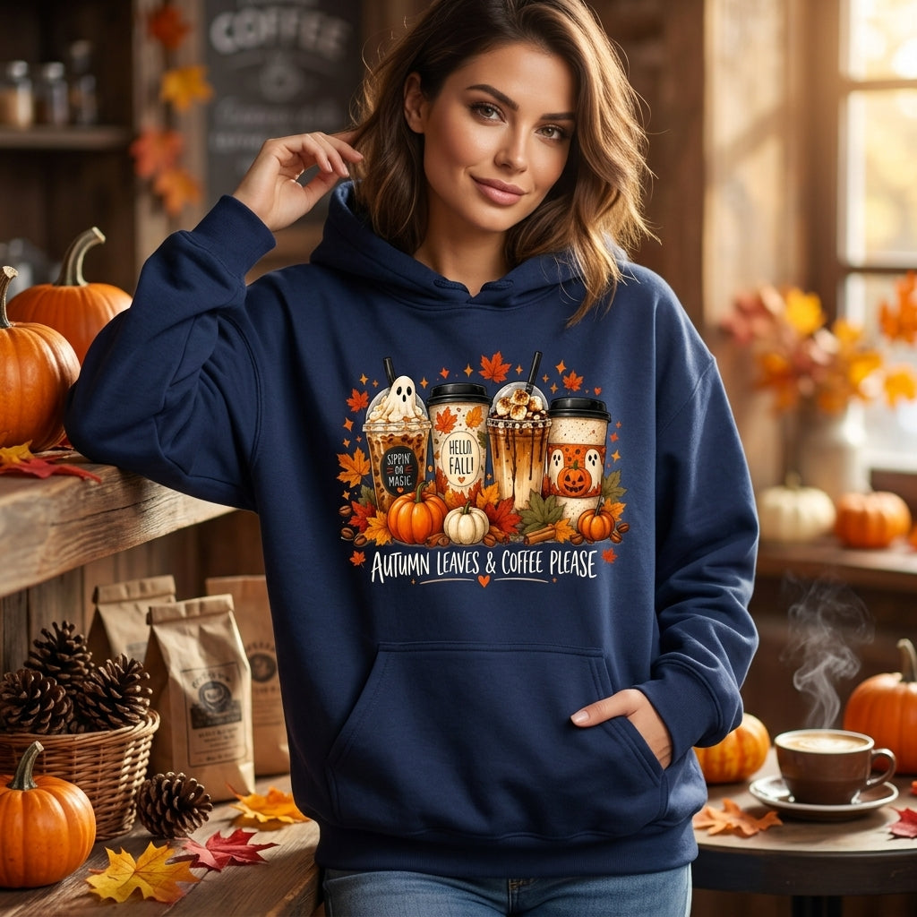 Ghost Coffee Cup Autumn Leaves & Coffee Please T-shirt Sweatshirt Hoodie – Fall Gift - mockup 3
