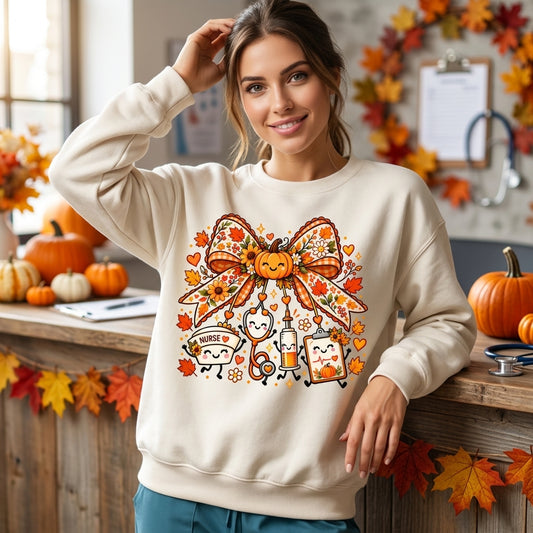 Cute Autumn Nursing Pumpkin Bow T-shirt Sweatshirt Hoodie – Fall Nurse Gift - mockup 1