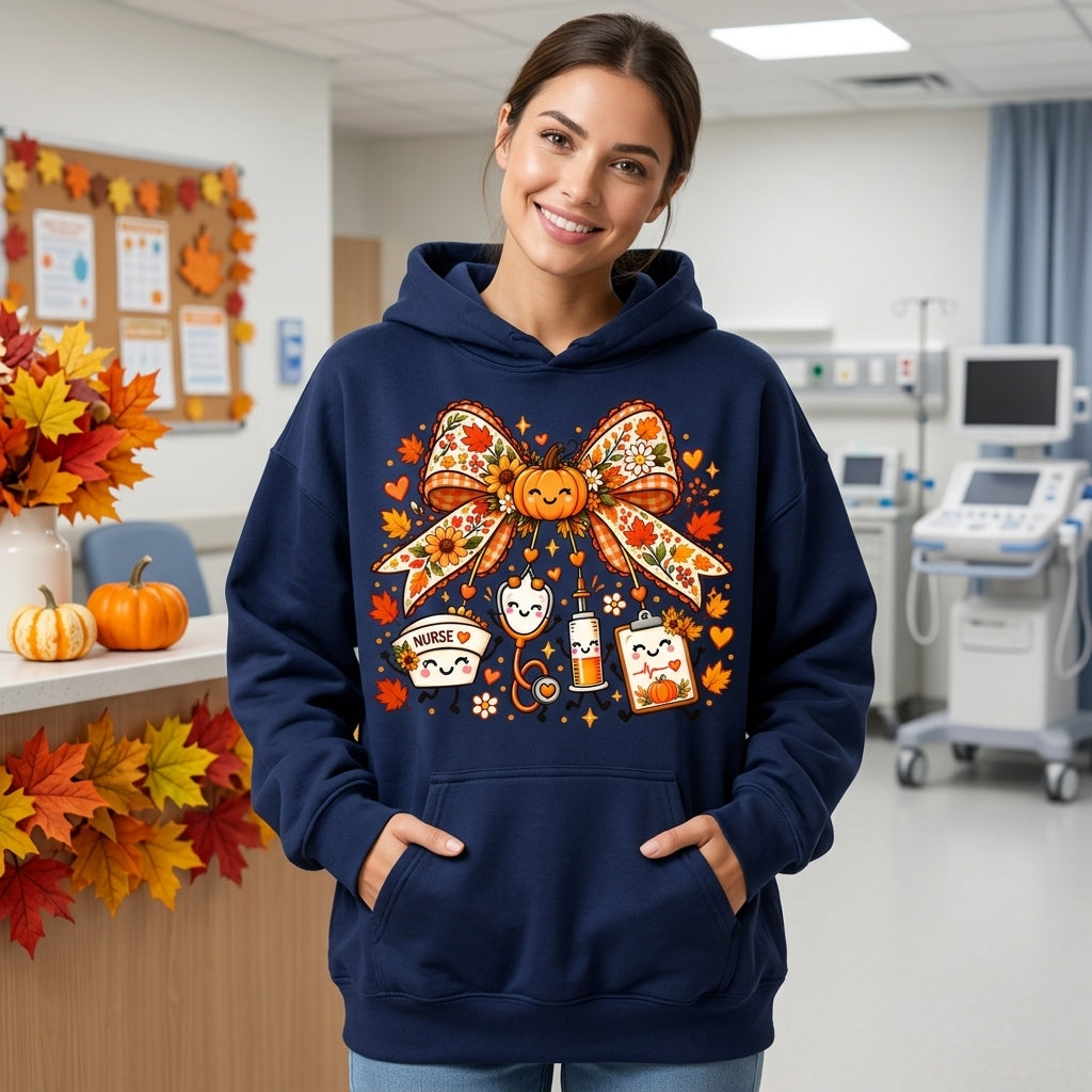 Cute Autumn Nursing Pumpkin Bow T-shirt Sweatshirt Hoodie – Fall Nurse Gift - mockup 3
