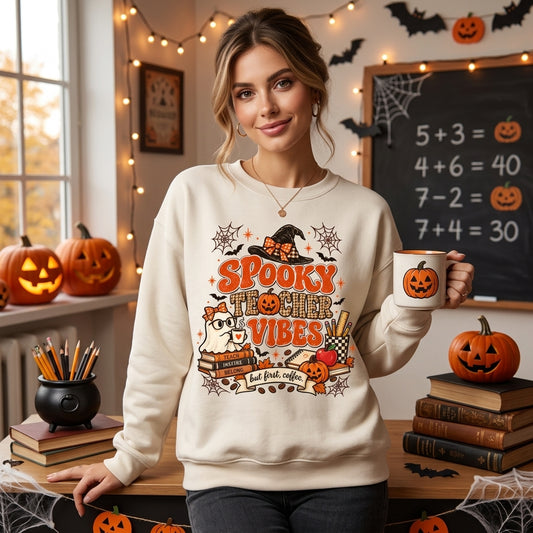 Spooky Teacher Vibes Ghost Halloween T-shirt Sweatshirt Hoodie – Cute Educator Fall Gift - mockup 1