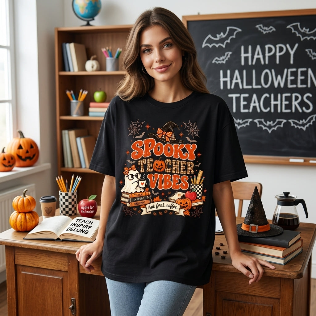 Spooky Teacher Vibes Ghost Halloween T-shirt Sweatshirt Hoodie – Cute Educator Fall Gift - mockup 2