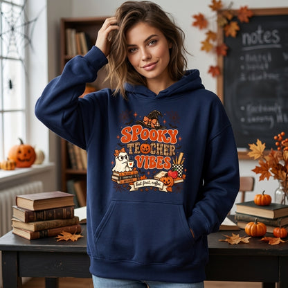 Spooky Teacher Vibes Ghost Halloween T-shirt Sweatshirt Hoodie – Cute Educator Fall Gift - mockup 3