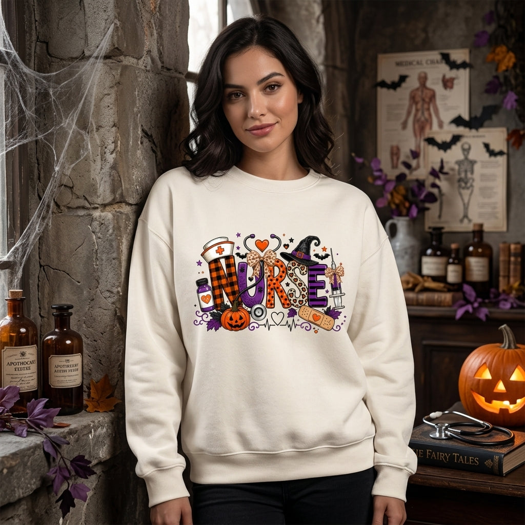 Halloween Nurse Spooky Nursing Leopard Bow T-shirt Sweatshirt Hoodie – Fall Gift for Nurses - mockup 1