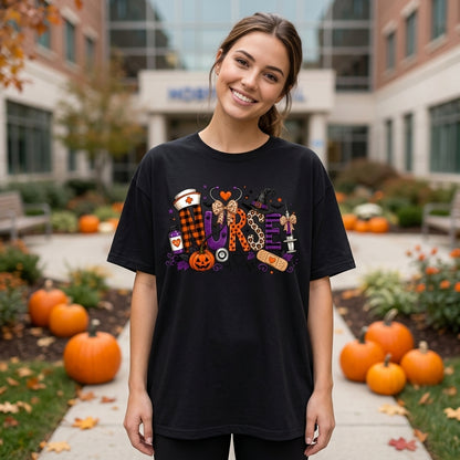 Halloween Nurse Spooky Nursing Leopard Bow T-shirt Sweatshirt Hoodie – Fall Gift for Nurses - mockup 2