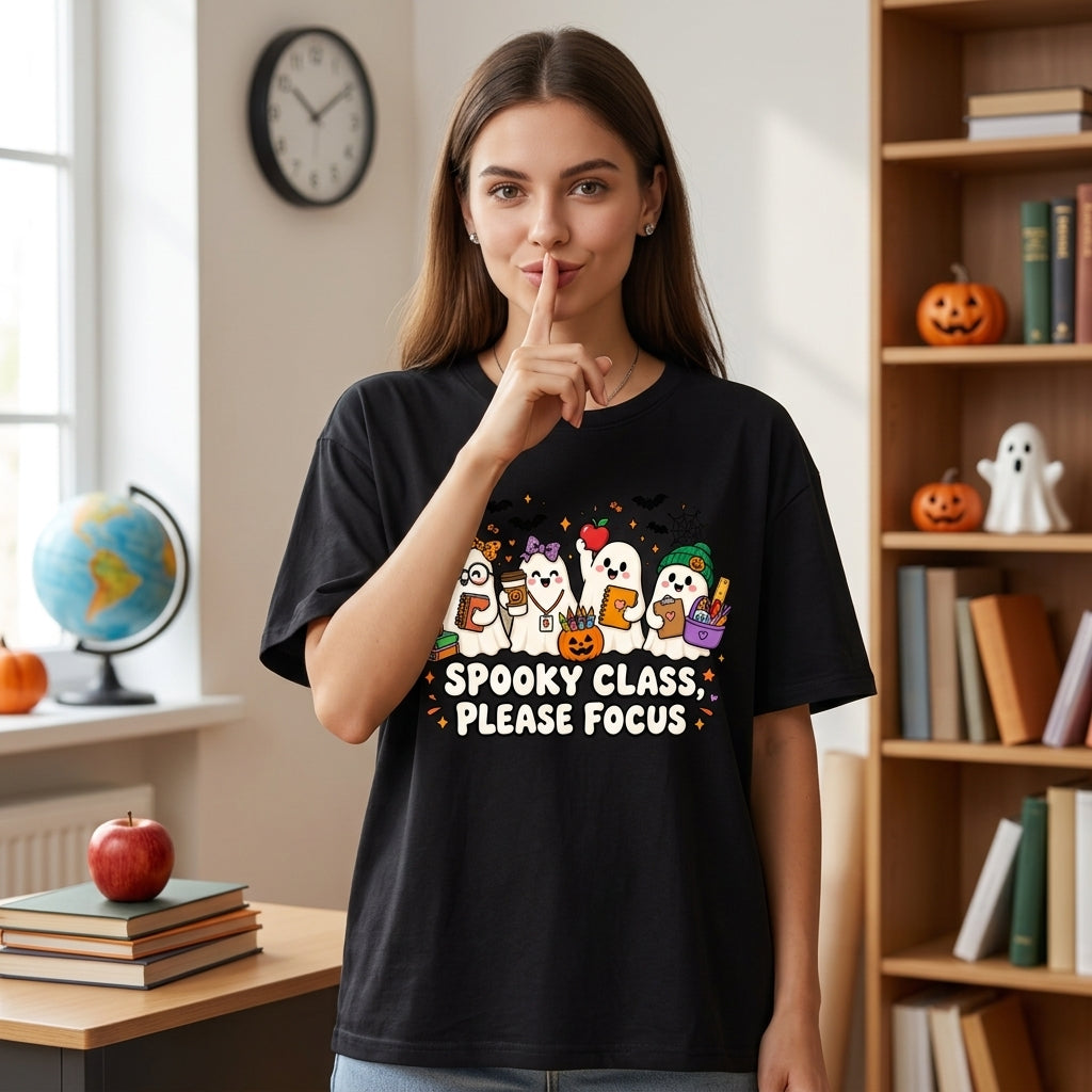 Spooky Class Please Focus Teacher Ghost T-shirt Sweatshirt Hoodie - Cute Halloween School Outfit - mockup 2