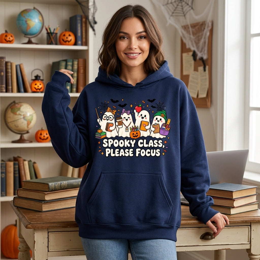 Spooky Class Please Focus Teacher Ghost T-shirt Sweatshirt Hoodie - Cute Halloween School Outfit - mockup 3