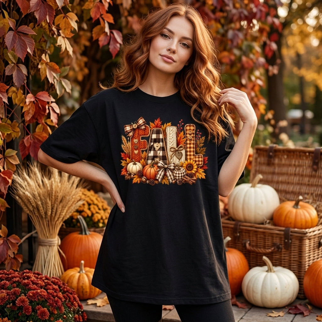 Faux Patchwork Floral Fall Sweatshirt - Coquette Pumpkin Bow T-shirt Sweatshirt Hoodie - mockup 2