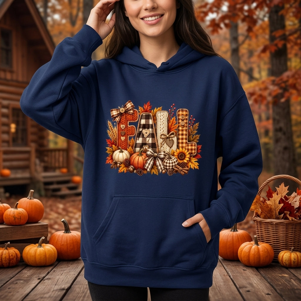 Faux Patchwork Floral Fall Sweatshirt - Coquette Pumpkin Bow T-shirt Sweatshirt Hoodie - mockup 3
