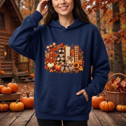 Faux Patchwork Floral Fall Sweatshirt - Coquette Pumpkin Bow T-shirt Sweatshirt Hoodie - mockup 3