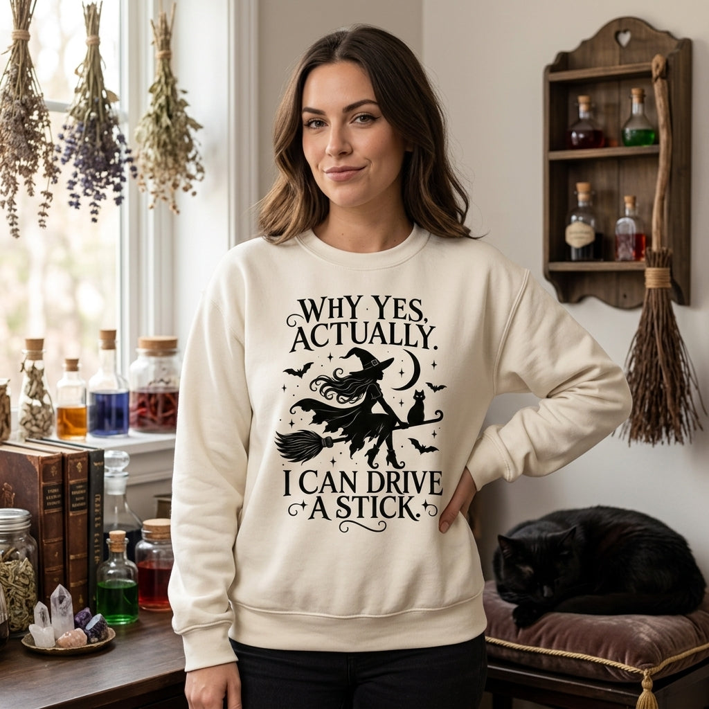Why Yes Actually I Can Drive A Stick Witch T-shirt Sweatshirt Hoodie - Funny Halloween Shirt - mockup 1