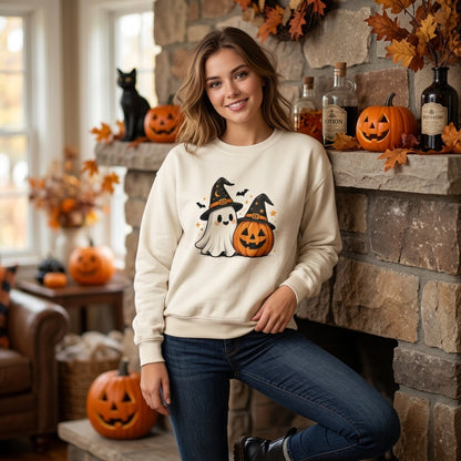 Spooky Ghost Pumpkin Halloween T-shirt Sweatshirt Hoodie – Cute Witch Hat Spooky Season Tee - mockup 1