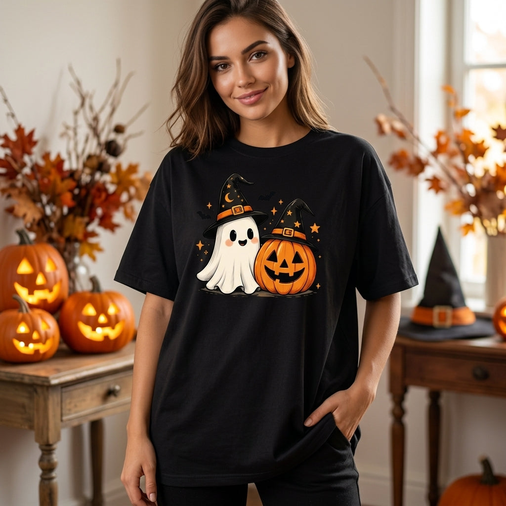 Spooky Ghost Pumpkin Halloween T-shirt Sweatshirt Hoodie – Cute Witch Hat Spooky Season Tee - mockup 2