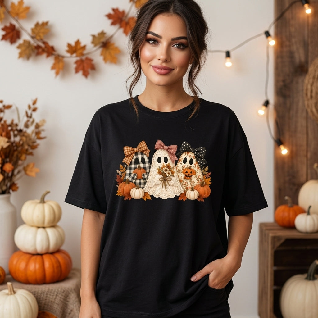 Floral and Gingham Patchwork Ghost Halloween Sweatshirt Hoodie T-Shirt – Cute Fall Gift - mockup 2