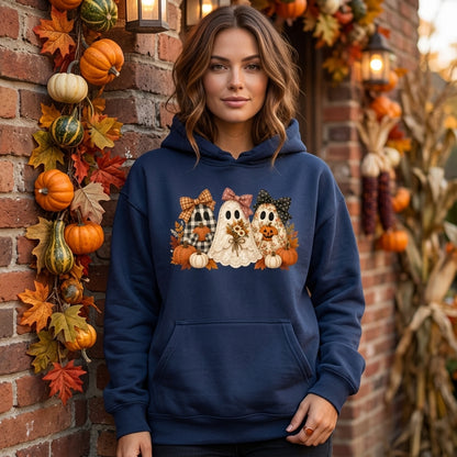 Floral and Gingham Patchwork Ghost Halloween Sweatshirt Hoodie T-Shirt – Cute Fall Gift - mockup 3