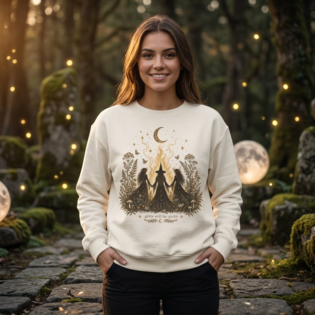 Vintage Girls Will Be Girls Witch Sweatshirt – Feminist Witchy Halloween Apparel - mockup 1