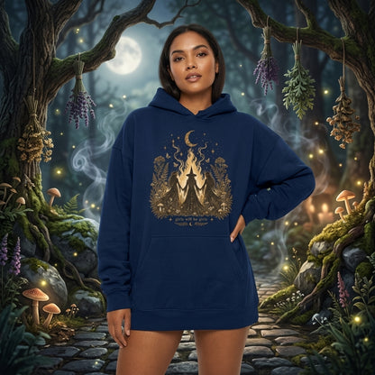 Vintage Girls Will Be Girls Witch Sweatshirt – Feminist Witchy Halloween Apparel - mockup 3