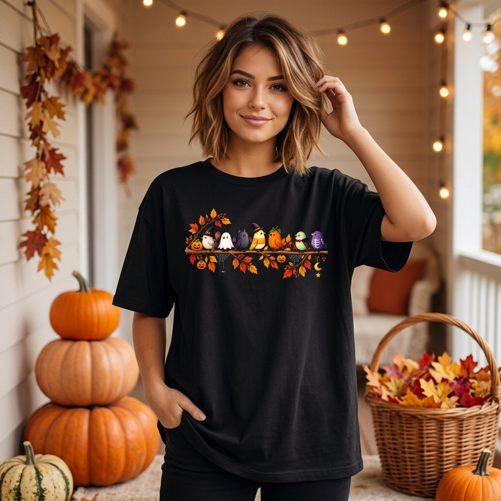 7 Halloween Bird Shirt - Cute Spooky Birds T-shirt Sweatshirt Hoodie for Fall - mockup 2