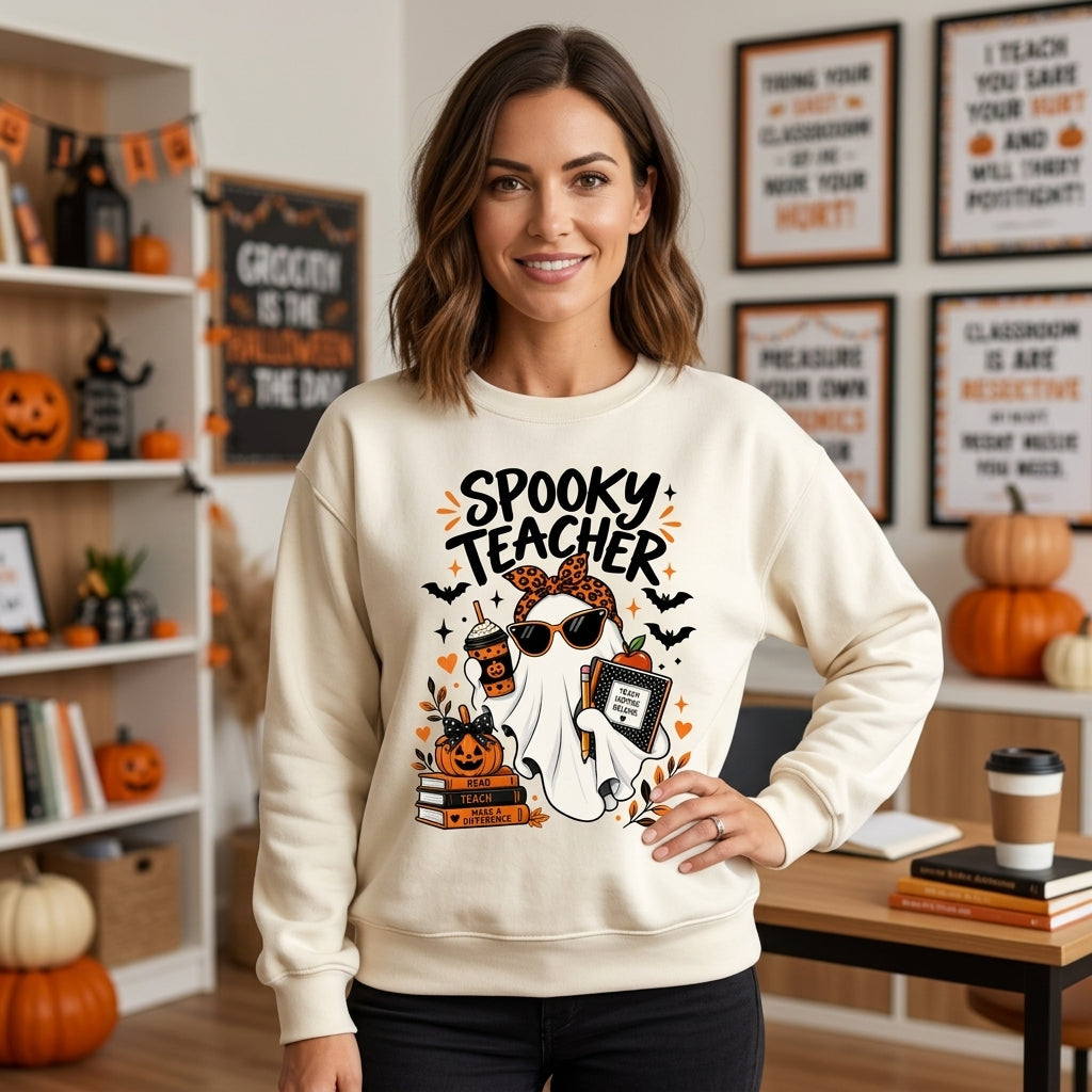 Spooky Teacher Coquette Ghost Leopard Bow Sweatshirt – Boo-Jee Halloween Gift for Educators - mockup 1