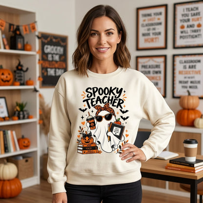 Spooky Teacher Coquette Ghost Leopard Bow Sweatshirt – Boo-Jee Halloween Gift for Educators - mockup 1
