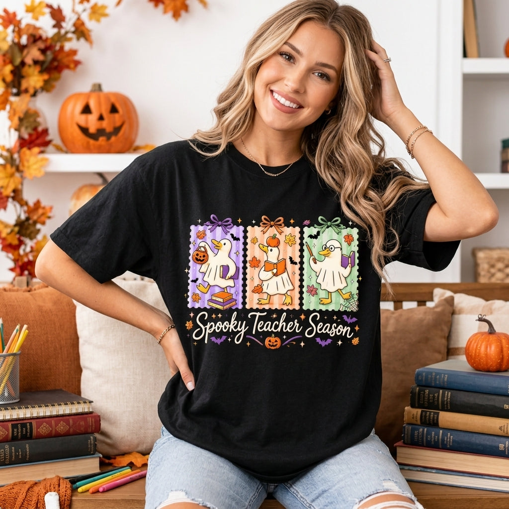 3 Funny Teacher Goose Halloween Ghost T-shirt Sweatshirt Hoodie - Spooky Season Apparel - mockup 1