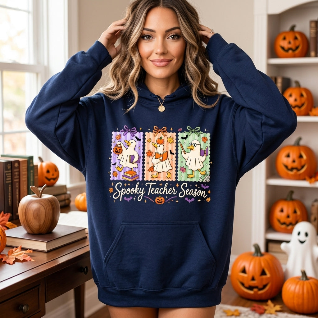 3 Funny Teacher Goose Halloween Ghost T-shirt Sweatshirt Hoodie - Spooky Season Apparel - mockup 3