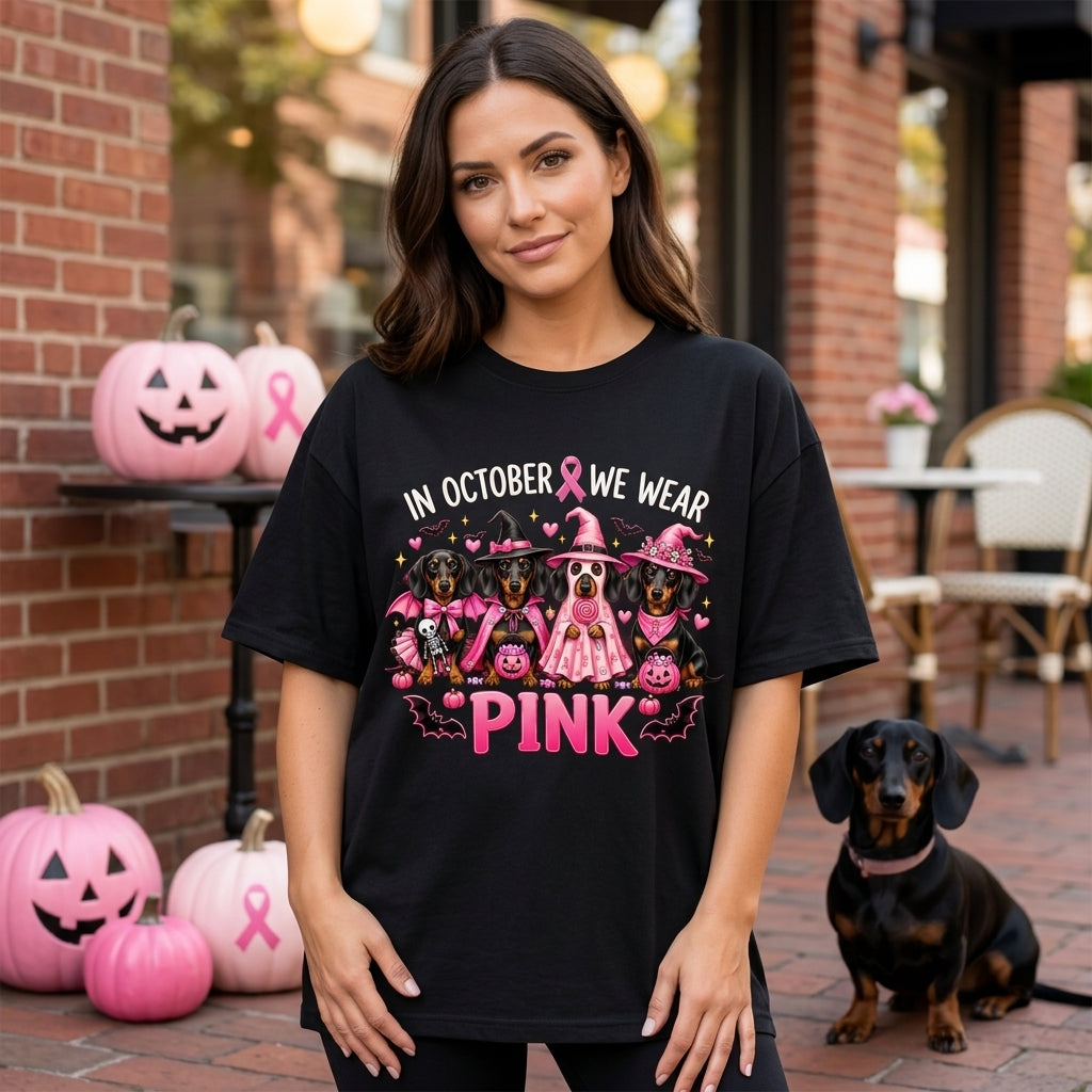 9 In October We Wear Pink Dachshund T-shirt Sweatshirt Hoodie – Halloween Breast Cancer Awareness - mockup 1