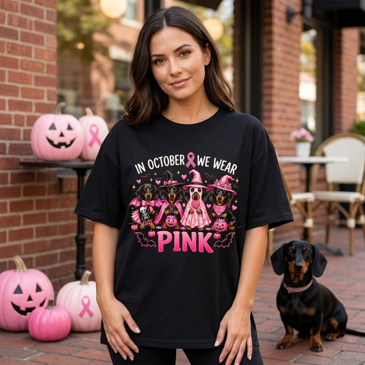 9 In October We Wear Pink Dachshund T-shirt Sweatshirt Hoodie – Halloween Breast Cancer Awareness - mockup 1