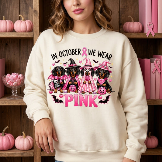 9 In October We Wear Pink Dachshund T-shirt Sweatshirt Hoodie – Halloween Breast Cancer Awareness - mockup 2