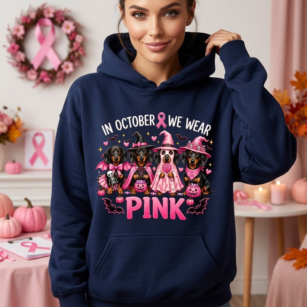 9 In October We Wear Pink Dachshund T-shirt Sweatshirt Hoodie – Halloween Breast Cancer Awareness - mockup 3