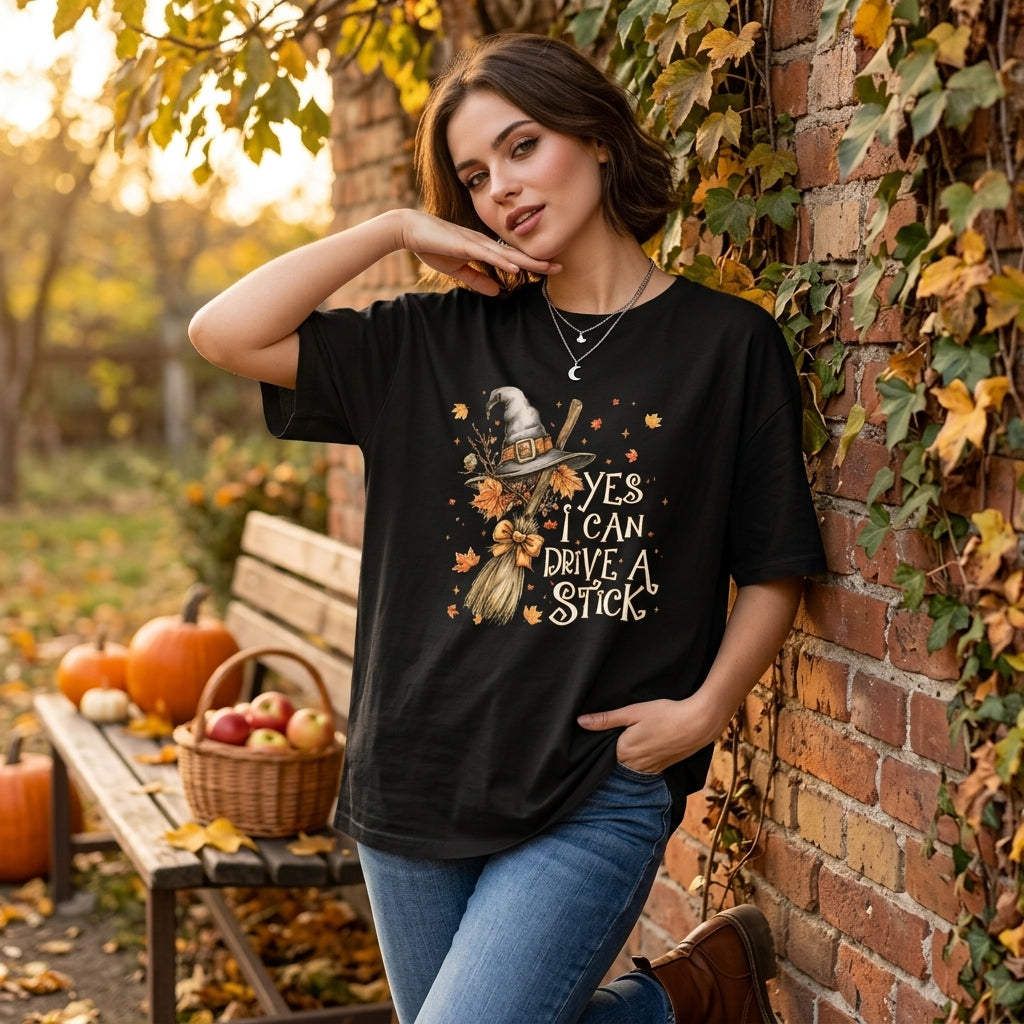Funny Yes I Can Drive A Stick Witch Broom T-shirt Sweatshirt Hoodie – Halloween Gift - mockup 1