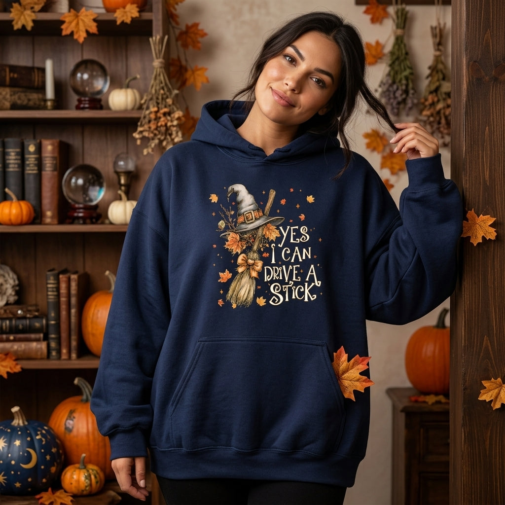 Funny Yes I Can Drive A Stick Witch Broom T-shirt Sweatshirt Hoodie – Halloween Gift - mockup 3