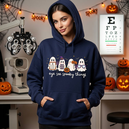 Eye See Spooky Things Halloween Optometry T-shirt Sweatshirt Hoodie – Eye Doctor Gift - mockup 3