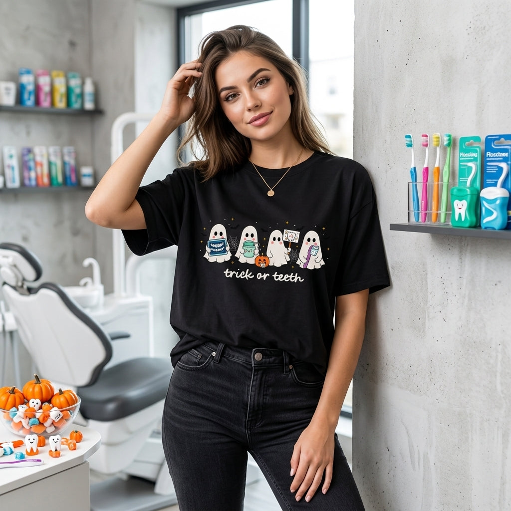 Trick or Teeth Ghost Tee – Funny Dental Halloween T-shirt Sweatshirt Hoodie - mockup 1