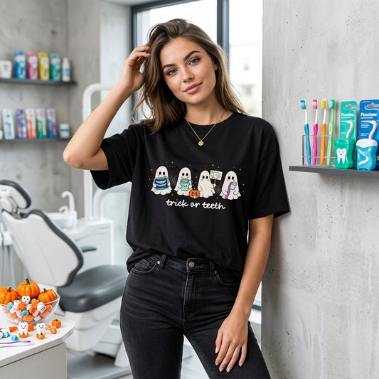 Trick or Teeth Ghost Tee – Funny Dental Halloween T-shirt Sweatshirt Hoodie - mockup 1