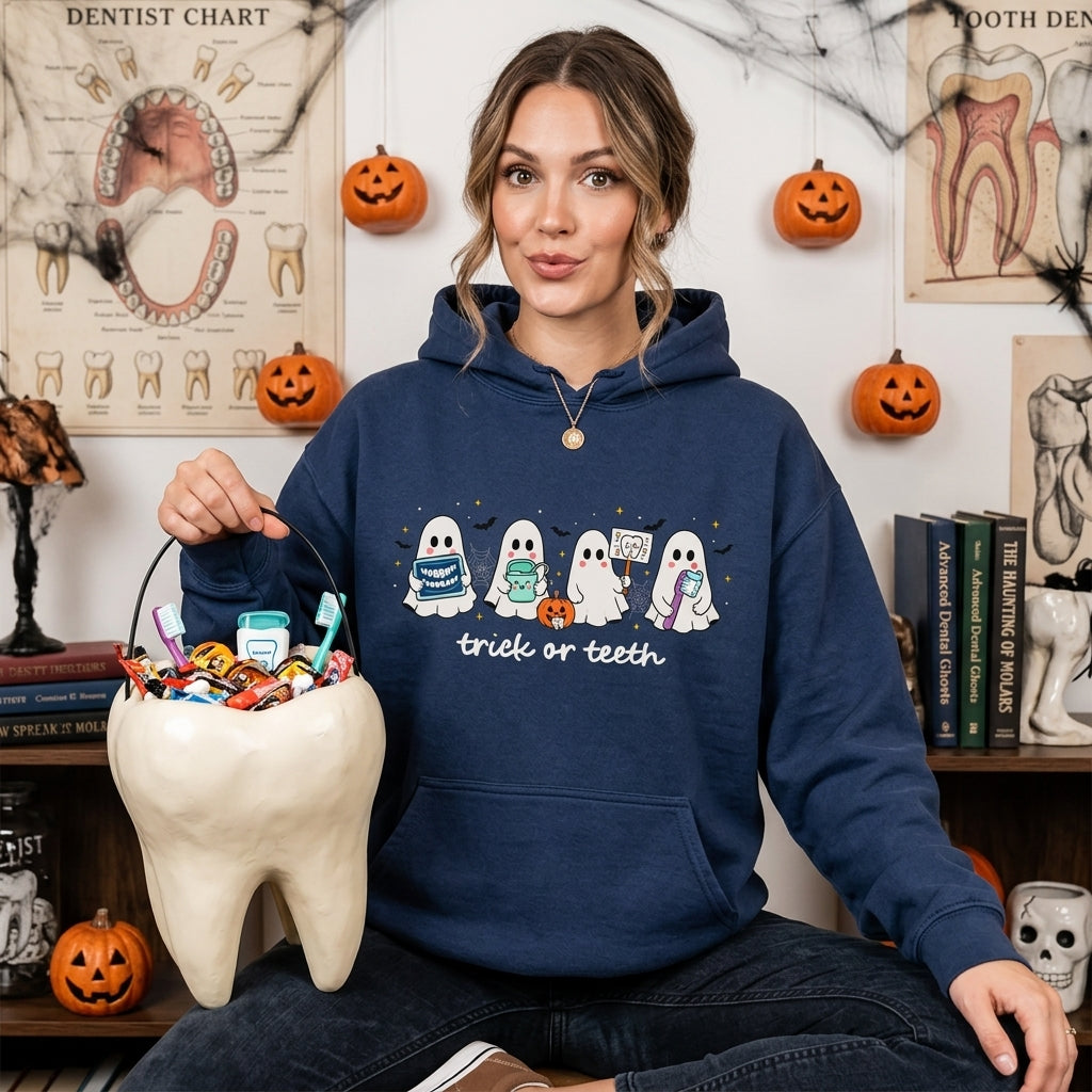 Trick or Teeth Ghost Tee – Funny Dental Halloween T-shirt Sweatshirt Hoodie - mockup 3