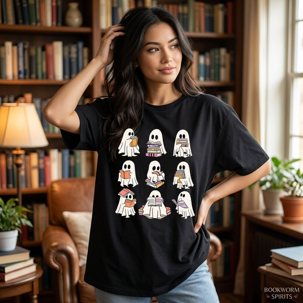 Ghost Reading Book Bookish Halloween T-shirt Sweatshirt Hoodie – Cute Teacher Librarian Gift - mockup 1