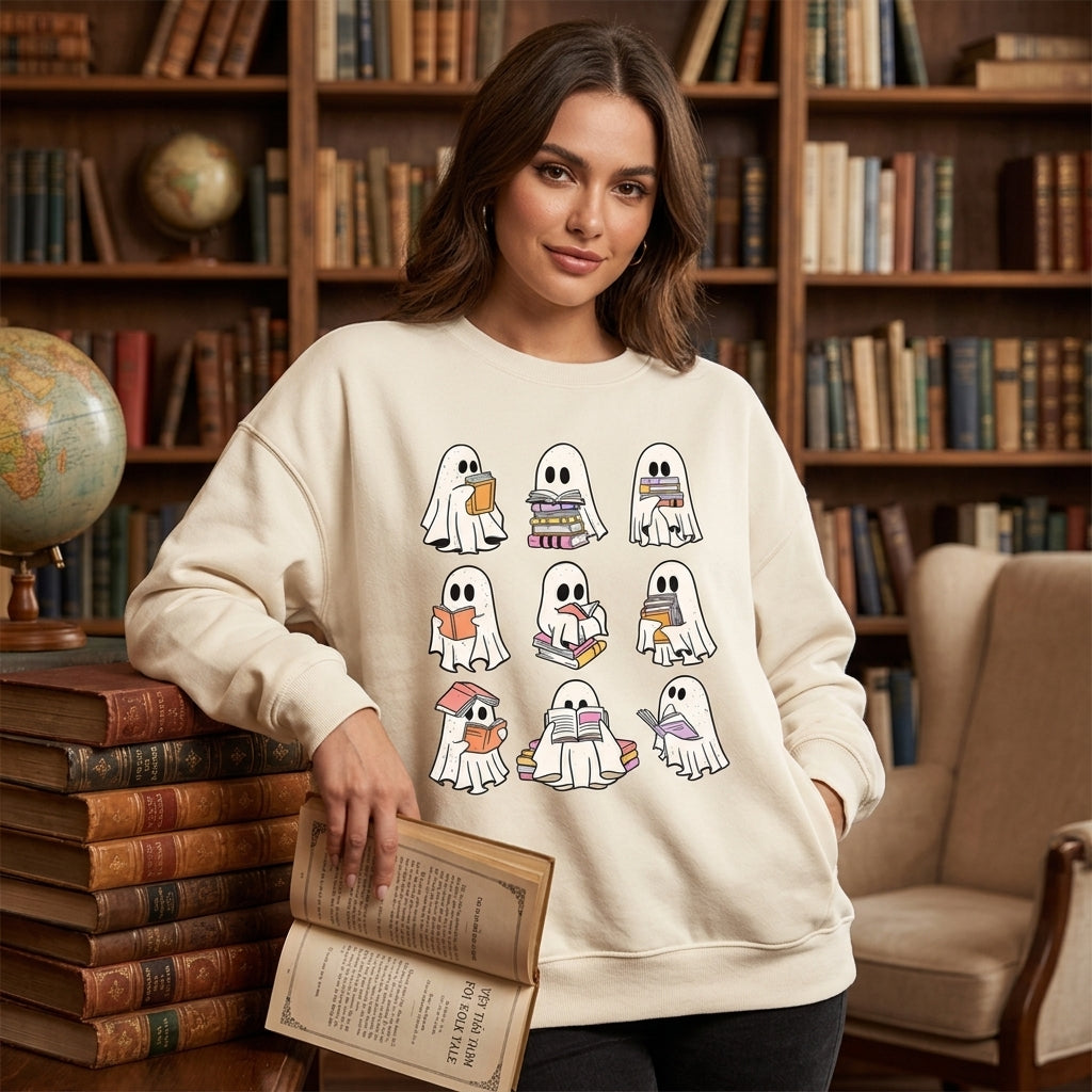 Ghost Reading Book Bookish Halloween T-shirt Sweatshirt Hoodie – Cute Teacher Librarian Gift - mockup 2