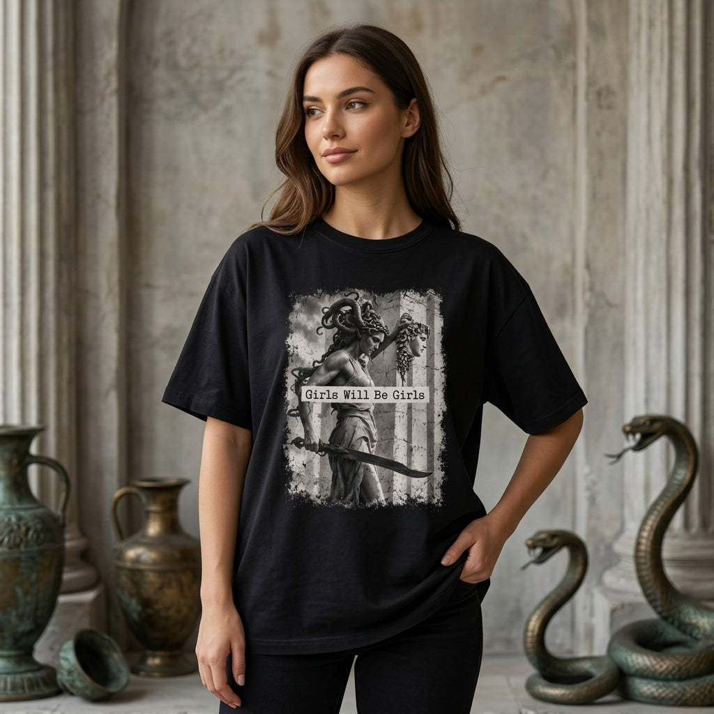 Vintage Medusa Girls Will Be Girls Feminist T-shirt Sweatshirt Hoodie – Greek Myth Graphic Tee - mockup 1