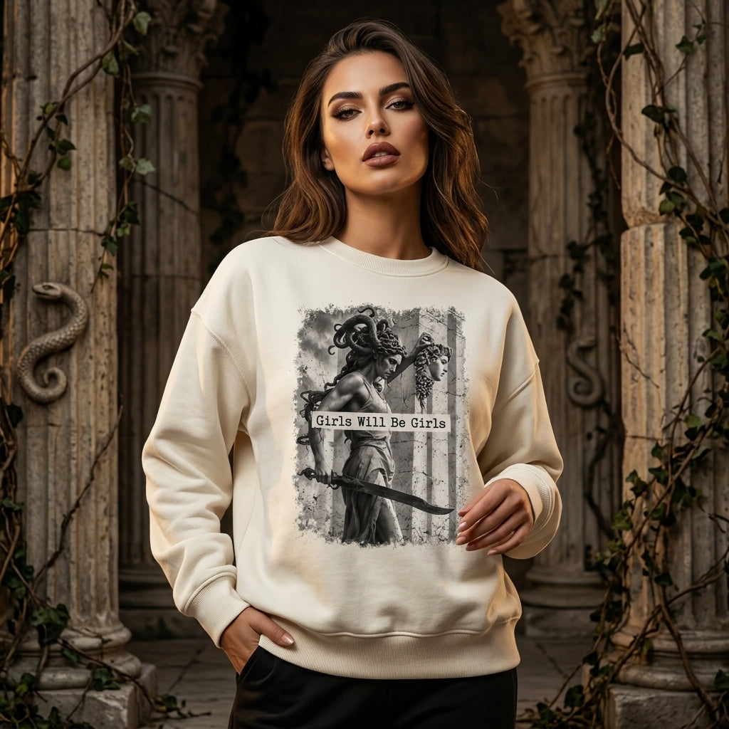 Vintage Medusa Girls Will Be Girls Feminist T-shirt Sweatshirt Hoodie – Greek Myth Graphic Tee - mockup 2