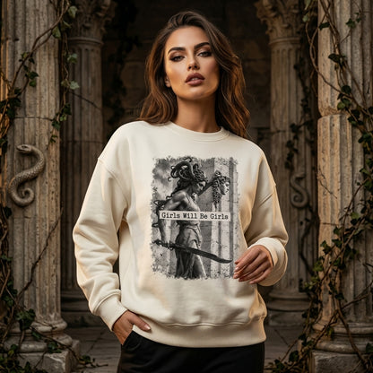 Vintage Medusa Girls Will Be Girls Feminist T-shirt Sweatshirt Hoodie – Greek Myth Graphic Tee - mockup 2