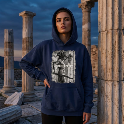 Vintage Medusa Girls Will Be Girls Feminist T-shirt Sweatshirt Hoodie – Greek Myth Graphic Tee - mockup 3
