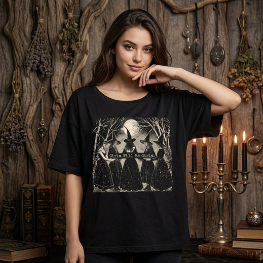 Vintage Girls Will Be Girls Witch T-shirt Sweatshirt Hoodie – Funny Halloween Apparel - mockup 1