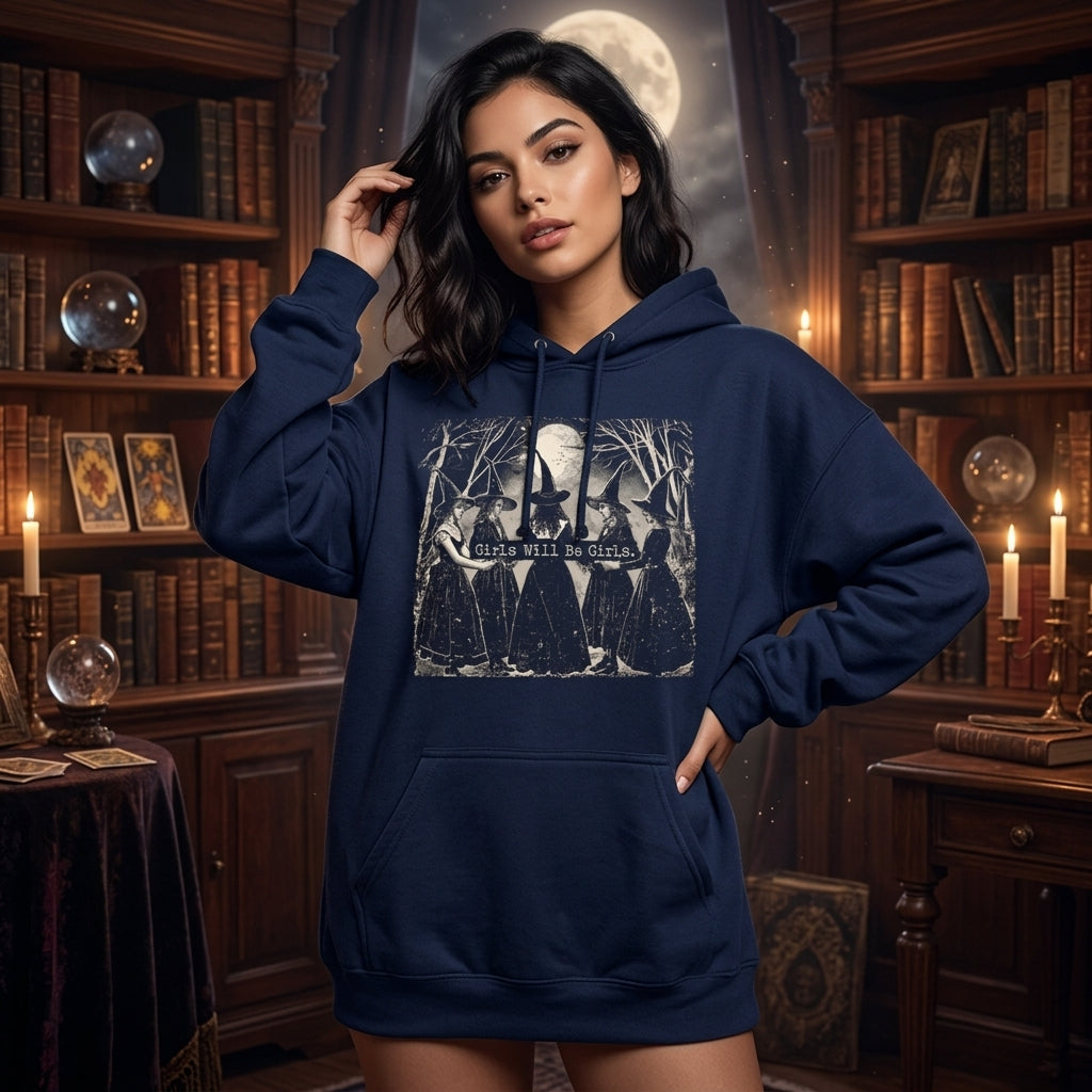 Vintage Girls Will Be Girls Witch T-shirt Sweatshirt Hoodie – Funny Halloween Apparel - mockup 3